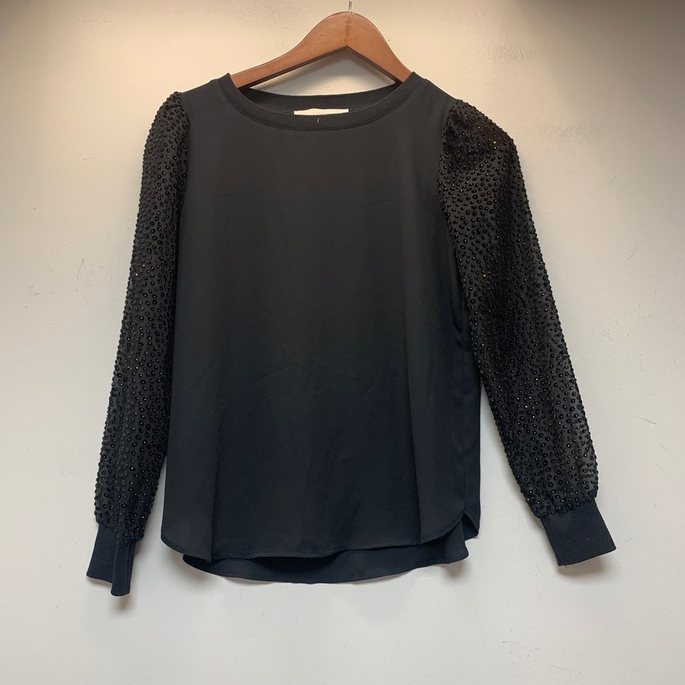 LOFT Blouse Womens XSP Black Excellent Beaded Sheer Sleeve Crew Neck Top
